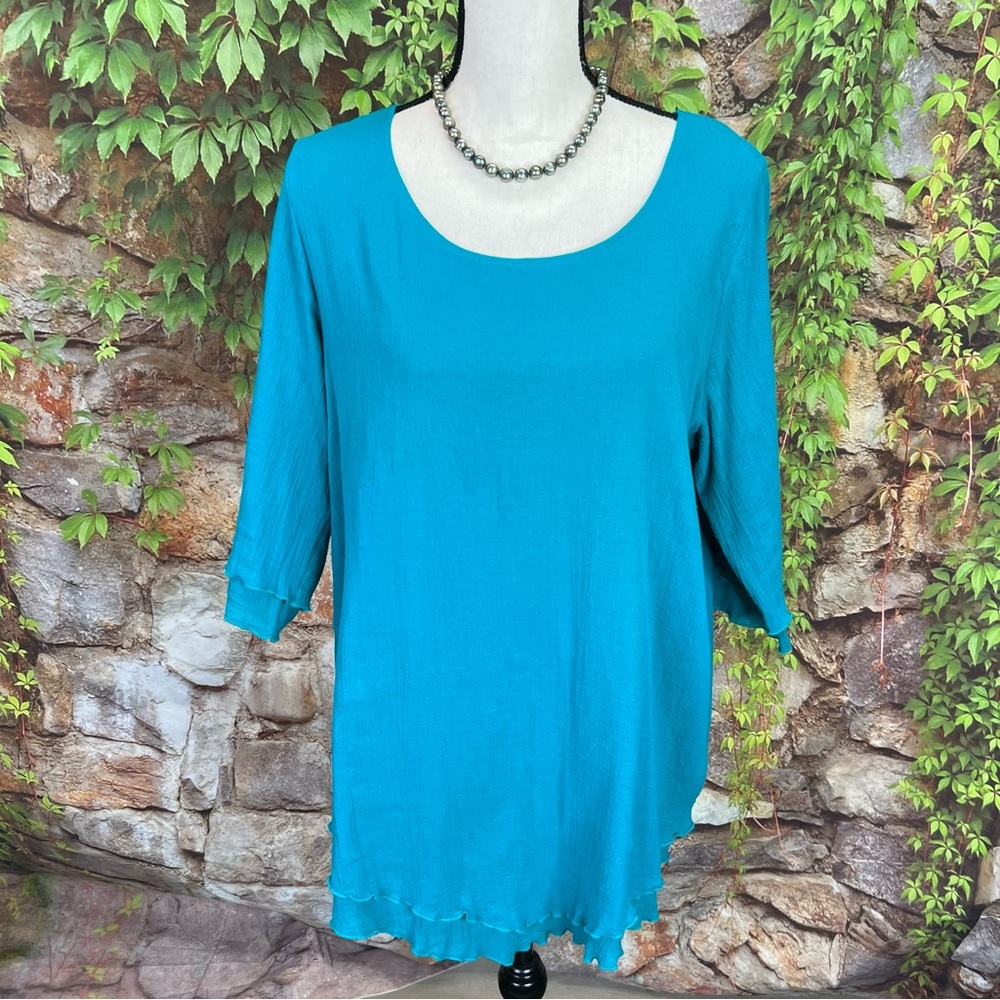 NWT SOFT SURROUNDINGS Scoop Neck 3/4 Sleeve Peacock Green Gauze Layered Blouse M - Picture 2 of 12